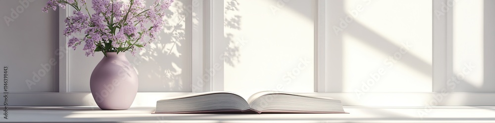 Light pastel background with lilac flowers in a vase and a book. Place for text. Light pastel background with lilac flowers in a vase and a book. Place for text.