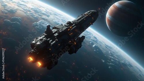 Wallpaper Mural A highly detailed space station with glowing lights orbiting a distant planet Torontodigital.ca