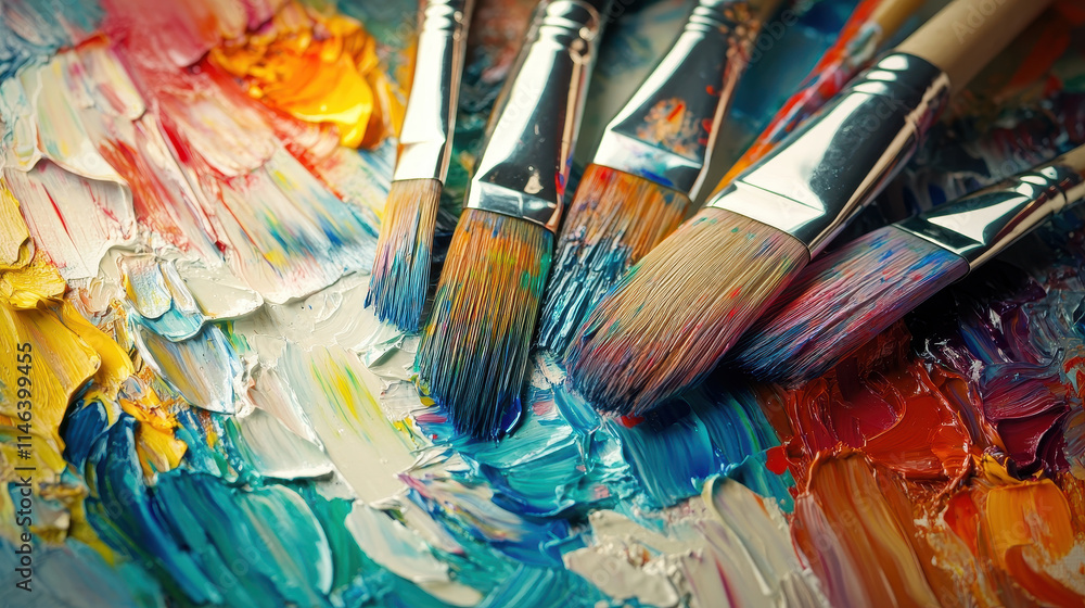 Fototapeta premium Vibrant paintbrushes resting on a richly textured oil paint palette