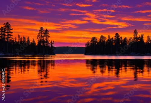 vibrant orange purple sunset reflections calm water surfaces surrounded silhouetted trees gentle waves, sky, silhouettes, landscape, colors, clouds, pond, lake