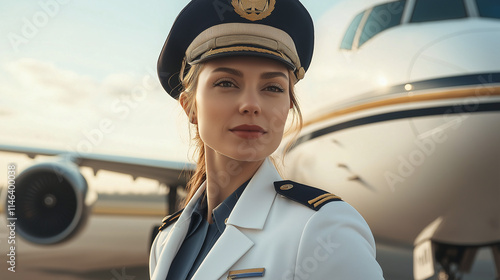 Confident female pilot at airport professional portrait aviation environment close-up view