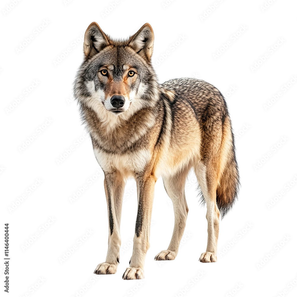 Obraz premium Angled view full body shot of an extremely perfect looking single Eurasian Wolf isolated on a white transparent background