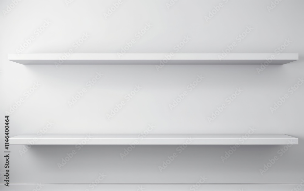 Two minimalist white shelves are mounted on a clean white wall creating a simple and modern aesthetic.