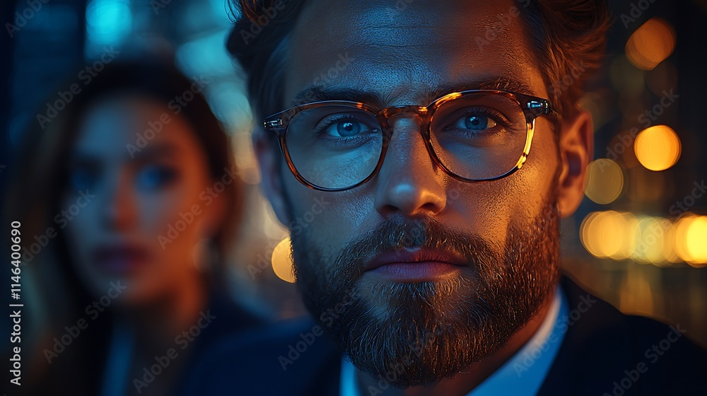 Man with beard and glasses looks intently at the camera Man with beard and glasses looks intently at the camera