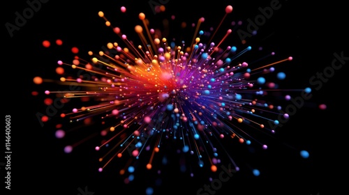 Colorful abstract burst of light and particles on black background.
