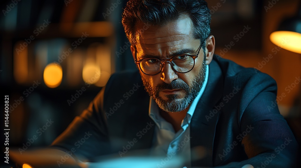 Man with Glasses Concentrates on Work in Dim Light Man with Glasses Concentrates on Work in Dim Light