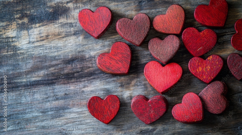 Obraz premium Small red hearts are scattered across a rustic wooden surface, creating a warm and inviting atmosphere ideal for romantic occasions or festive events. The vibrant colors add a cheerful touch.
