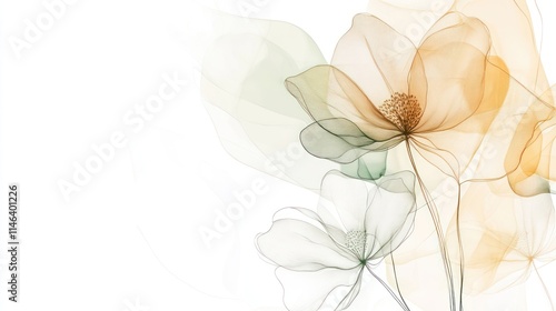 Sheer, translucent flowers in orange and green hues on white background.