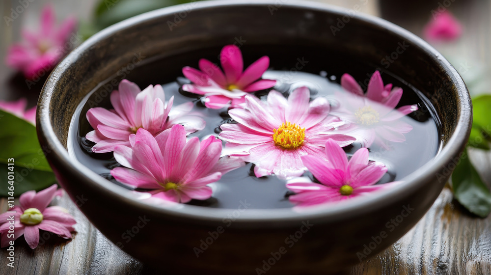 Tranquil Spa Scene Pink Flowers Floating in Water Bowl Tranquil Spa Scene Pink Flowers Floating in Water Bowl
