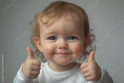 Joyful european toddler giving thumbs up indoor setting portrait photography cute vibes