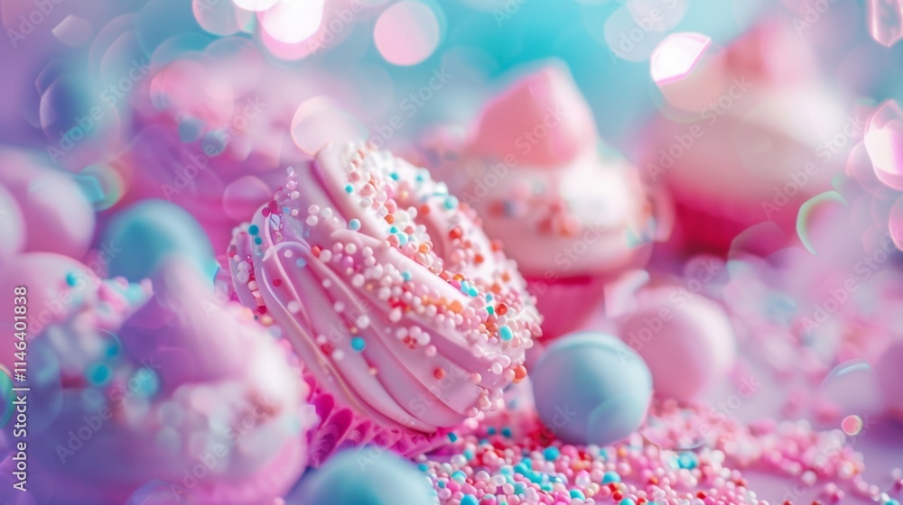 Colorful macarons and candies in a pastel setting Colorful macarons and candies in a pastel setting