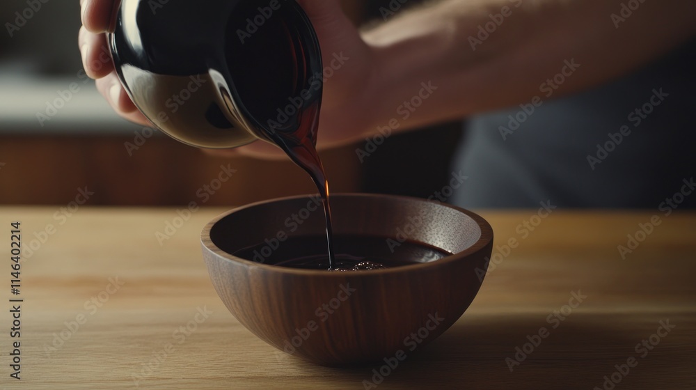 Close-up of hands pouring dark sauce into wooden bowl. Close-up of hands pouring dark sauce into wooden bowl.
