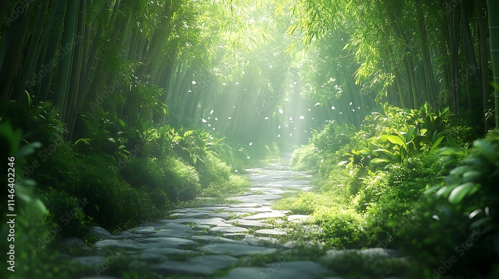 Obraz premium Photo of a path through a bamboo forest surrounded background
