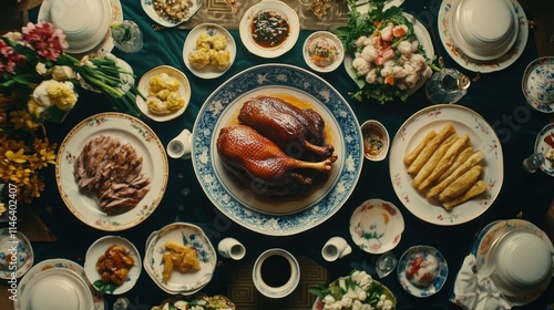 Overhead view of a lavish Chinese banquet table laden with roasted duck, dim sum, and various side dishes.