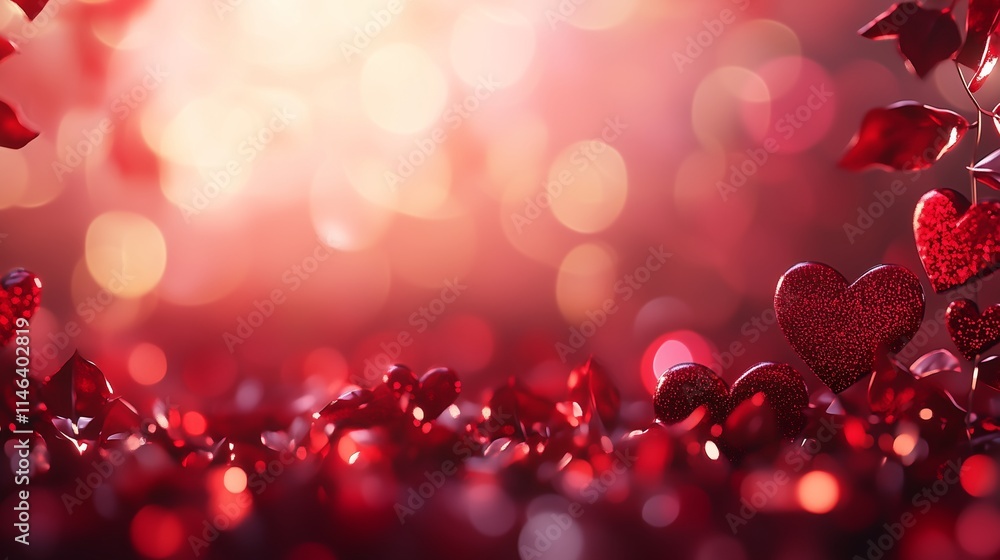 Background with red hearts. Copy space. Photorealistic nature, blurred background. Glitters and bokeh. Valentine's day, love concept. Generative AI Background with red hearts. Copy space. Photorealistic nature, blurred background. Glitters and bokeh. Valentine's day, love concept. Generative AI