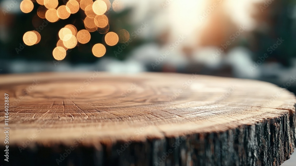 Wooden table slice with blurred Christmas lights background.