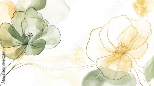 Abstract watercolor flowers in green and gold tones on white background.