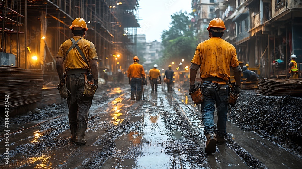 Construction Workers Walking Through Mud At Dusk Construction Workers Walking Through Mud At Dusk