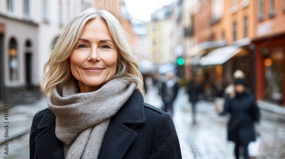 Middle-Aged and Elderly Woman Standing on Street, Smiling at the Camera, Positive Emotions, Outdoor Lifestyle, Portrait Photography, Urban Setting, Confidence and Happiness Middle-Aged and Elderly Woman Standing on Street, Smiling at the Camera, Positive Emotions, Outdoor Lifestyle, Portrait Photography, Urban Setting, Confidence and Happiness