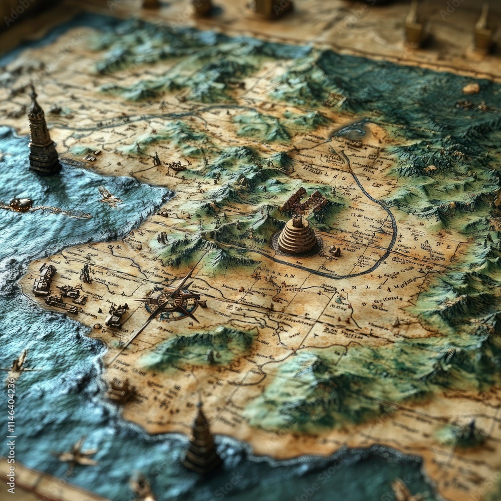 Detailed 3D Fantasy Map with Coastline, Mountains, and Cities Detailed 3D Fantasy Map with Coastline, Mountains, and Cities