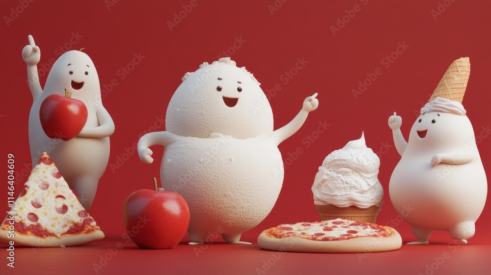 Cheerful 3D rendered characters enjoying pizza and apples. Cheerful 3D rendered characters enjoying pizza and apples.
