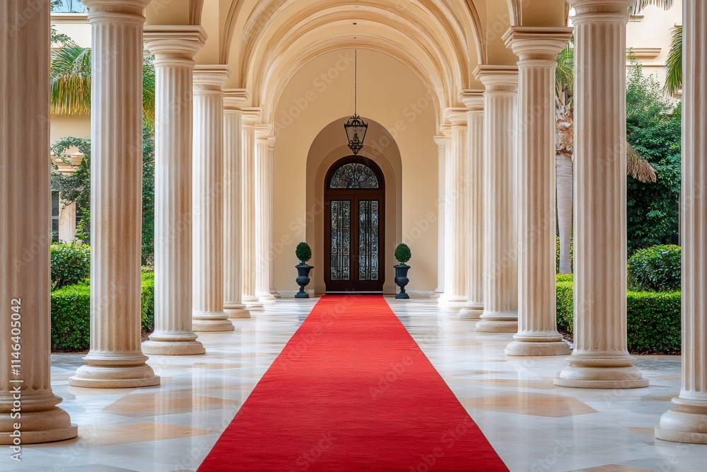 Fototapeta premium Red carpet leading to elegant building entrance with columns