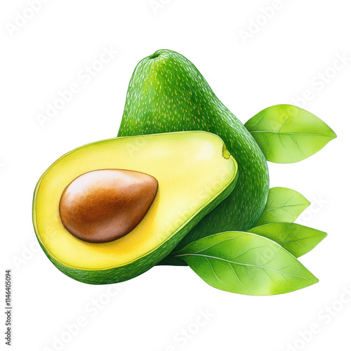 Vibrant illustration of a whole and half avocado with leaves, Ideal for use in food blogs isolated on transparency PNG background, nutrition articles, or healthy lifestyle promotions photo