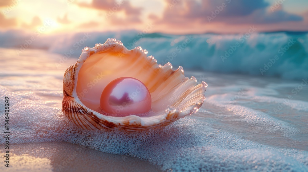 Pink pearl inside seashell on beach at sunset. Pink pearl inside seashell on beach at sunset.