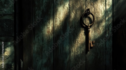 Wallpaper Mural Old skeleton key hanging on weathered wooden door. Torontodigital.ca