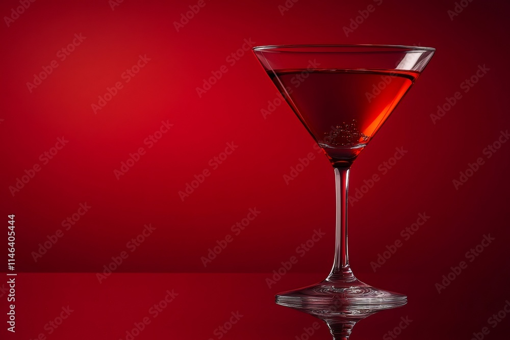 Red cocktail glass with bubbles on red background reflecting surface Red cocktail glass with bubbles on red background reflecting surface
