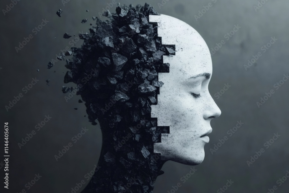 Woman breaking down, mental health issues depicted with exploding head sculpture Woman breaking down, mental health issues depicted with exploding head sculpture