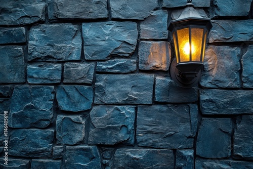 Blue stone wall with lamps creating a textured background photo