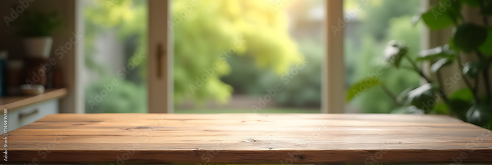 A worn wooden table top stands empty against a blurred background of an overgrown garden outside the kitchen window in the morning light._00002_ A worn wooden table top stands empty against a blurred background of an overgrown garden outside the kitchen window in the morning light._00002_