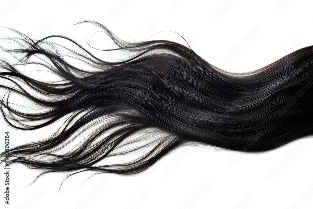 Black hair flowing on white background: shiny and healthy hair Black hair flowing on white background: shiny and healthy hair
