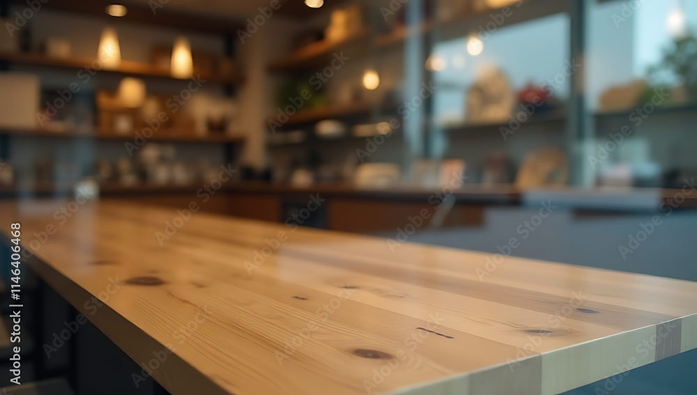 A wooden table top is displayed through a blurry glass window in a retail shop against a wall._00003_ A wooden table top is displayed through a blurry glass window in a retail shop against a wall._00003_
