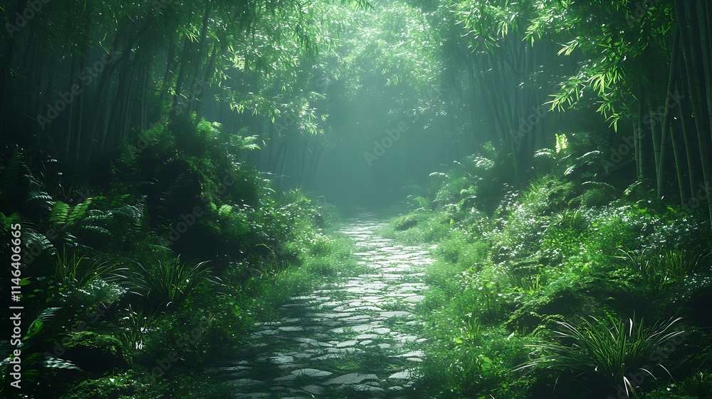Fototapeta premium Photo of a path through a bamboo forest surrounded background