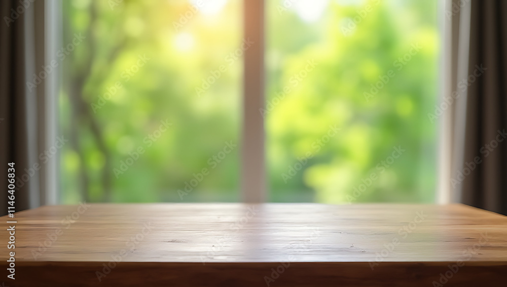 A wooden table stands empty in a room with a blurred curtain and a glimpse of vibrant greenery outside through the window._00001_ A wooden table stands empty in a room with a blurred curtain and a glimpse of vibrant greenery outside through the window._00001_