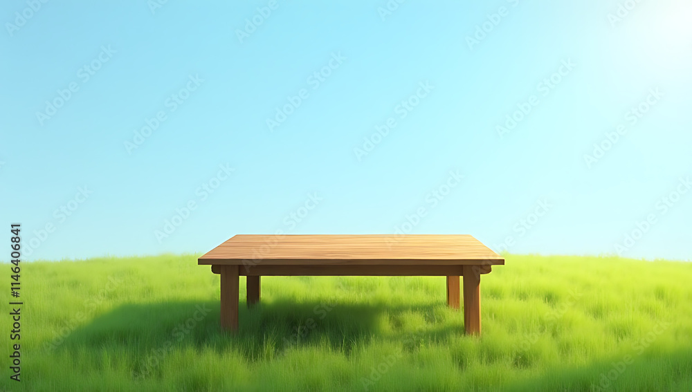 A wooden table stands alone in a serene green meadow with a clear blue sky as its unobstructed backdrop._00003_ A wooden table stands alone in a serene green meadow with a clear blue sky as its unobstructed backdrop._00003_