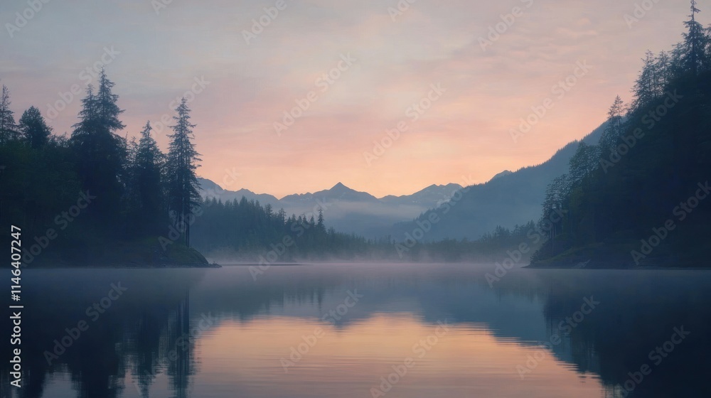 Serene sunrise over misty lake with mountain reflections. Serene sunrise over misty lake with mountain reflections.