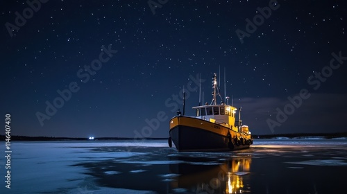 A vibrant fishing boat anchored on icy waters under a starry night sky.