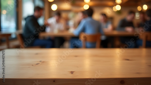 A wood tabletop blends into a blurry cafe scene, with people in the background eating and socializing._00001_