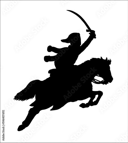 Light cavalry - french Hussar. Mounted soldier of the Napoleonic army. Historical cavalry vector drawing. Napoleonic cavalry in attack.	