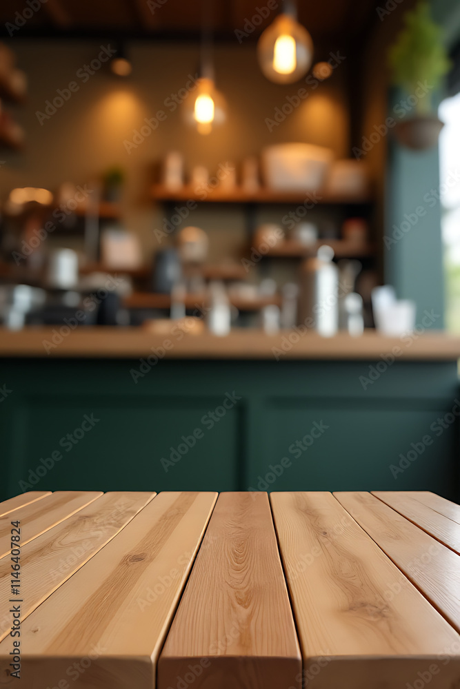 A wood table top is visible behind a blurred image of a cafe counter with a light bulb in the background._00003_ A wood table top is visible behind a blurred image of a cafe counter with a light bulb in the background._00003_