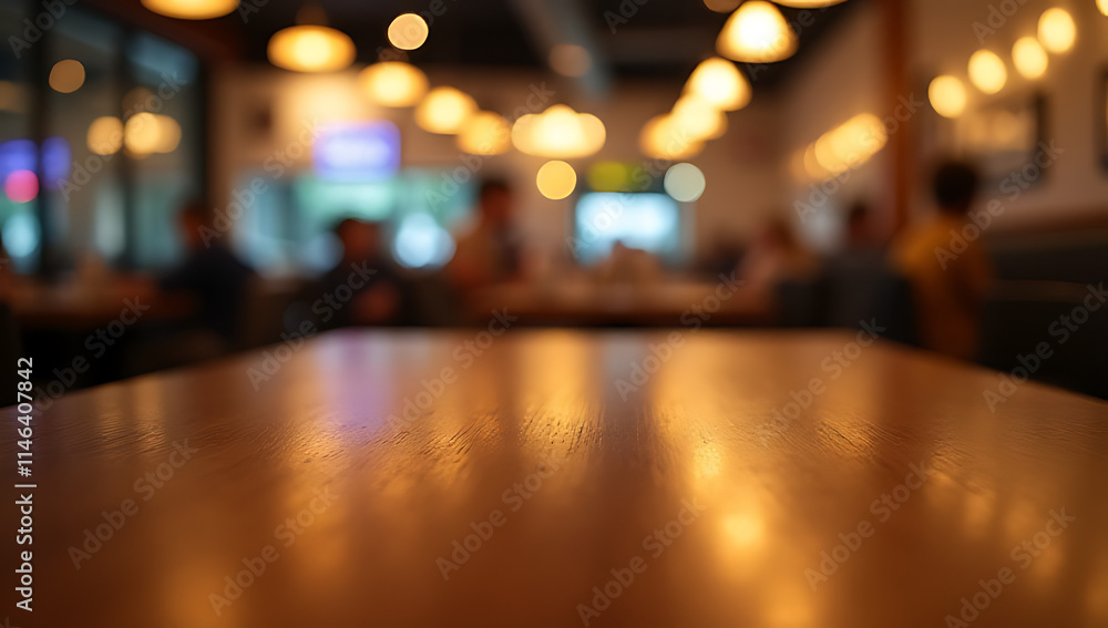 A wood table top reflects a blurry blur of lighting in a busy restaurant setting with selective focus._00001_ A wood table top reflects a blurry blur of lighting in a busy restaurant setting with selective focus._00001_