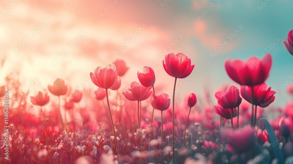 Fototapeta premium A vibrant celebration of Easter featuring colorful eggs, blooming flowers, and cheerful decorations under a clear blue sky.