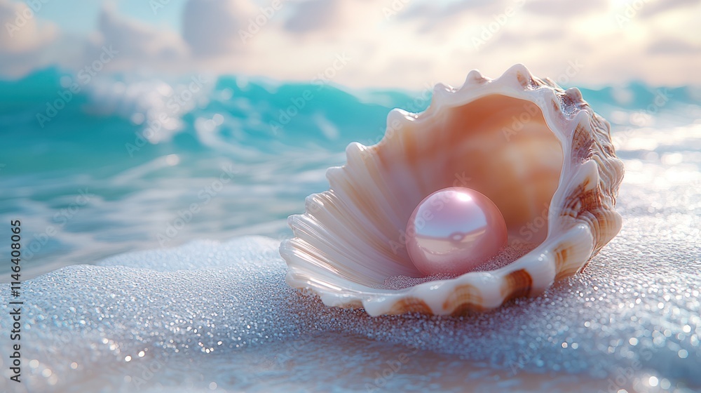 Pink pearl nestled in seashell on beach, ocean waves in background. Pink pearl nestled in seashell on beach, ocean waves in background.