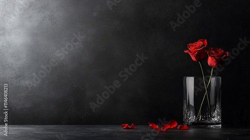 Fototapeta Naklejka Na Ścianę i Meble -  Two red roses in a crystal vase against a dark background.