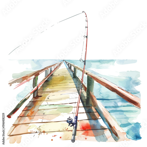 A watercolor vector of a fishing rod leaning against a pier, isolated on a white background. Fishing rod pier vector.
