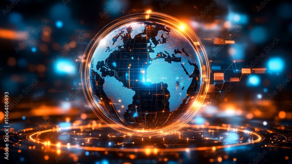 Obraz premium Abstract Global Network Concept: Glowing World Map, Glowing Connections Around Earth, Data Transfer, Cyber Technology, Digital Connectivity, Global Communication Systems