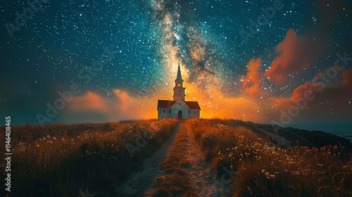 Serene night scene of a small white church atop a hill under a breathtaking starry sky. The path leading to it adds to the peaceful mood. photo